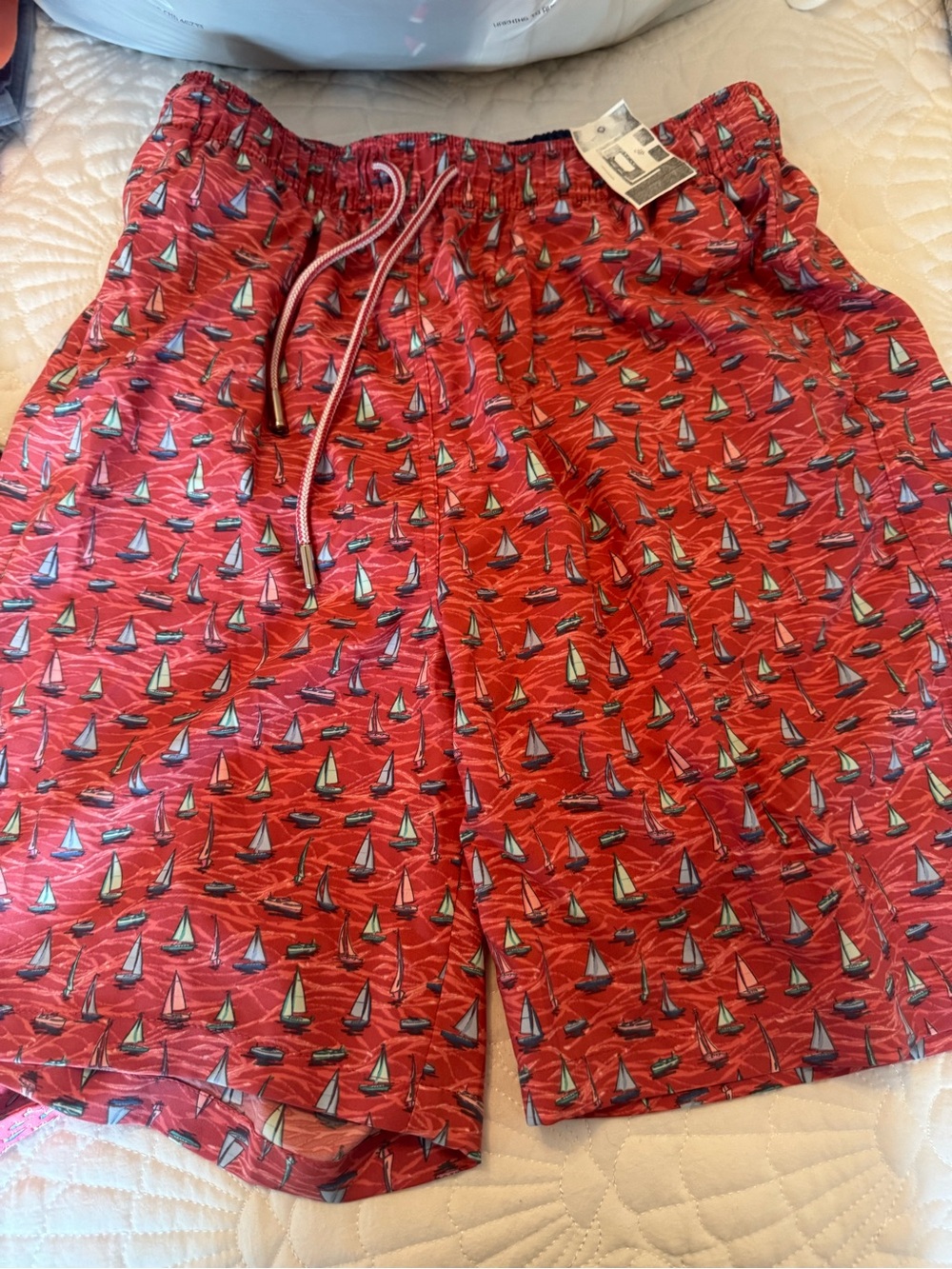 Peter Millar Red Sailboat-Pattern Swim Trunks with Multicolor Boats